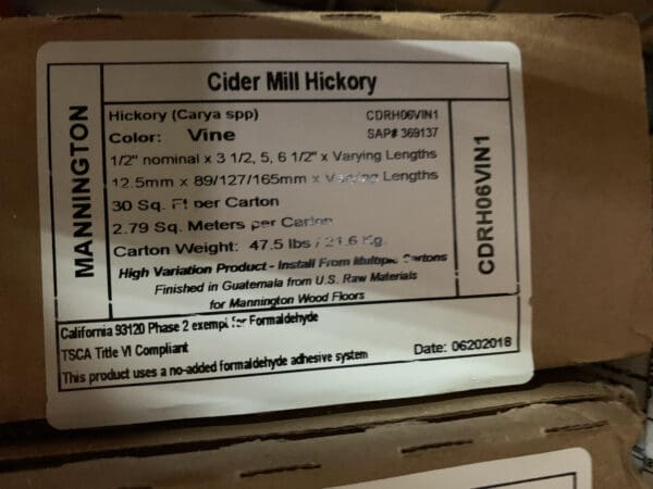 A box with the label for cider mill hickory.