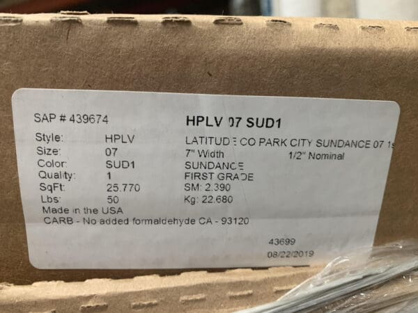 A cardboard box with the label hplv 1 7 sud 1.