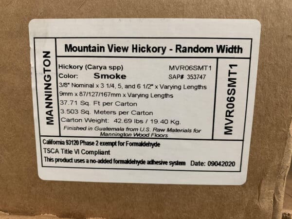 A box with the label for the mountain view hickory.