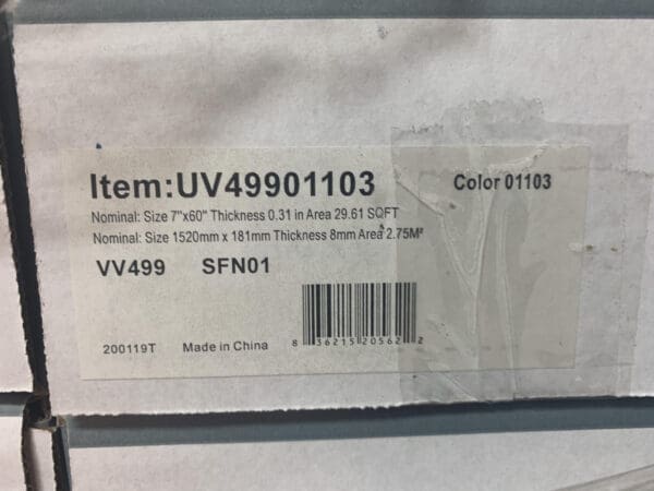 A box of a package that is labeled " uv 4 9 9 sfn 0 1 ".